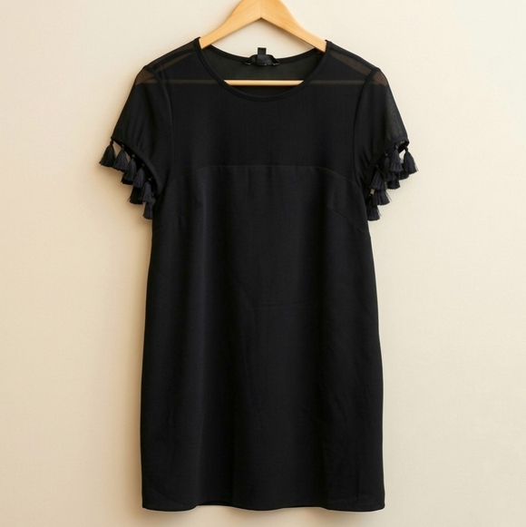 Lulus Iced Latte Black Tassel Sleeve Sheer Mini Dress Small - Picture 4 of 6